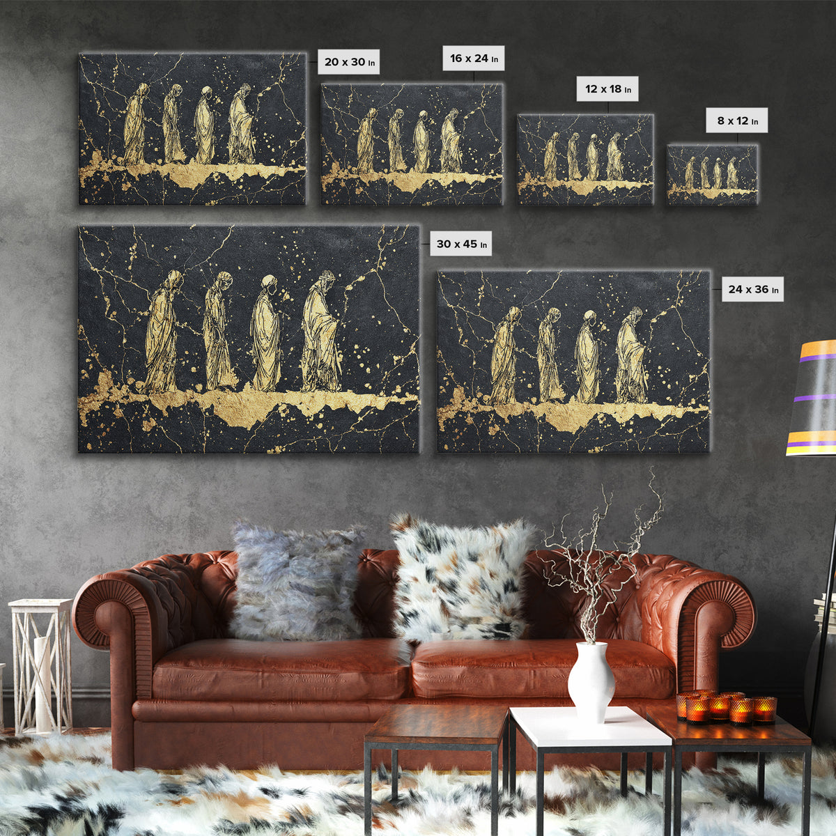 Gold Robed Ancestors On Black Marble Wall Art, African Tribal Art Print, Spiritual Diaspora Decor, Black And Gold Canvas