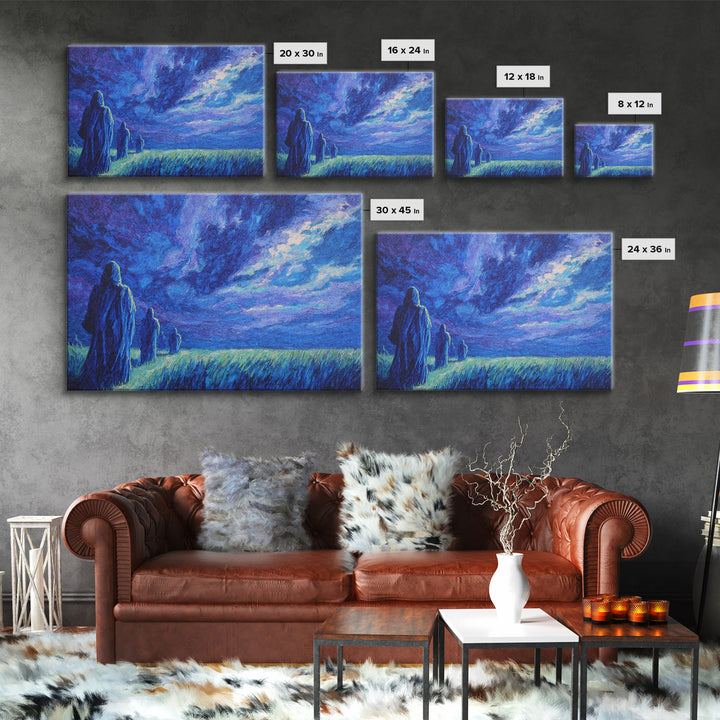 Blue Storm Pilgrims In Moonlit Grass Wall Art, African Landscape, Mystical Wall Art Print, Spiritual Home Decor Canvas Gift