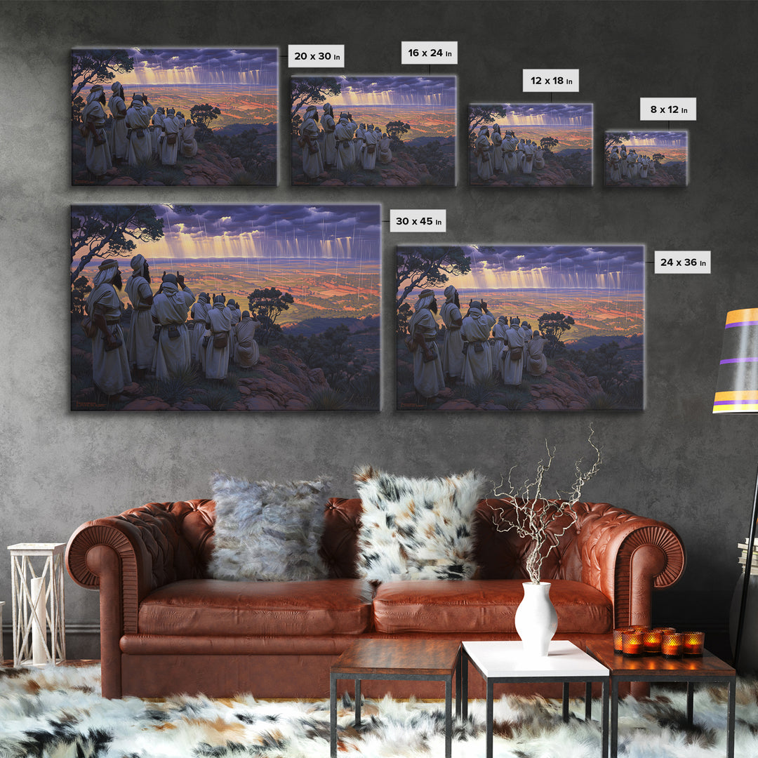 Robed Watchers Over Rainlit Valley Wall Art, African Landscape, Spiritual Wall Decor, Safari Art, Statement Canvas Print