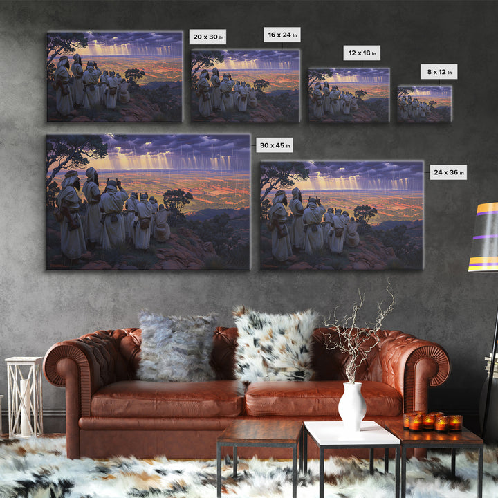 Robed Watchers Over Rainlit Valley Wall Art, African Landscape, Spiritual Wall Decor, Safari Art, Statement Canvas Print