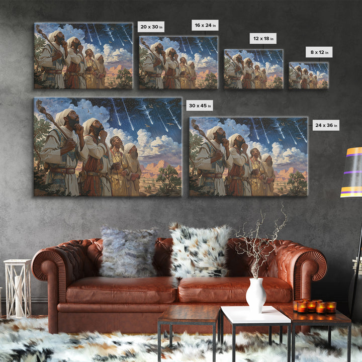 Star Gazing Prophets Beneath Meteor Sky Framed Canvas Print, African Inspired, Spiritual Wall Art, Desert Home Decor Gift