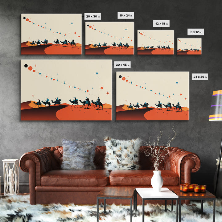 Minimal Camel Caravan Across Orange Dunes Wall Art, African Safari Art, Boho Desert Decor, Travel Poster Canvas Print Gift