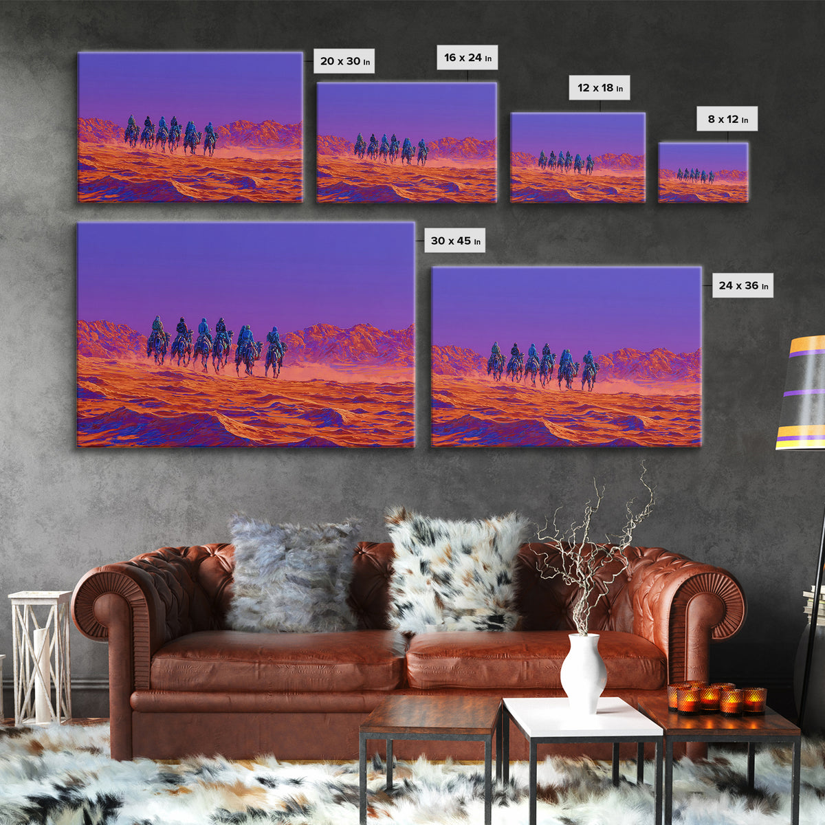 Violet Desert Riders Across Neon Dunes Wall Art, African Warrior Art, Vibrant Safari Decor, Modern Canvas Print Gift For Him