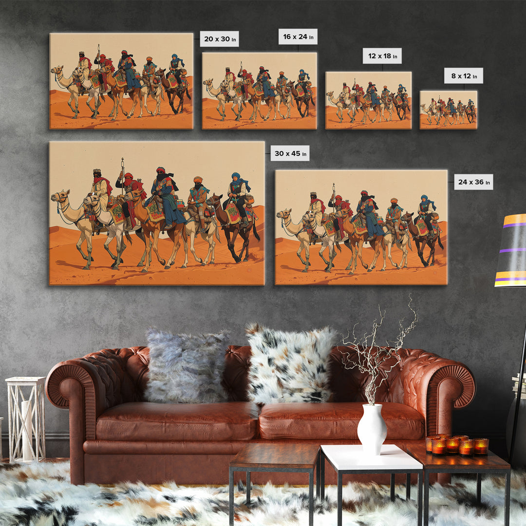 Tuareg Camel Caravan In Sahara Desert Wall Art, African Warrior Art, African Safari Decor, Boho Living Room Canvas Print