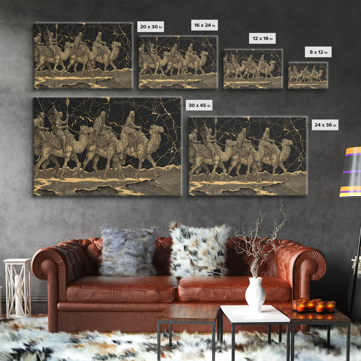 Gold Engraved Camel Caravan On Black Stone Wall Art, African Art Print, Desert Travel Decor, Luxury Canvas Print For Office Decor