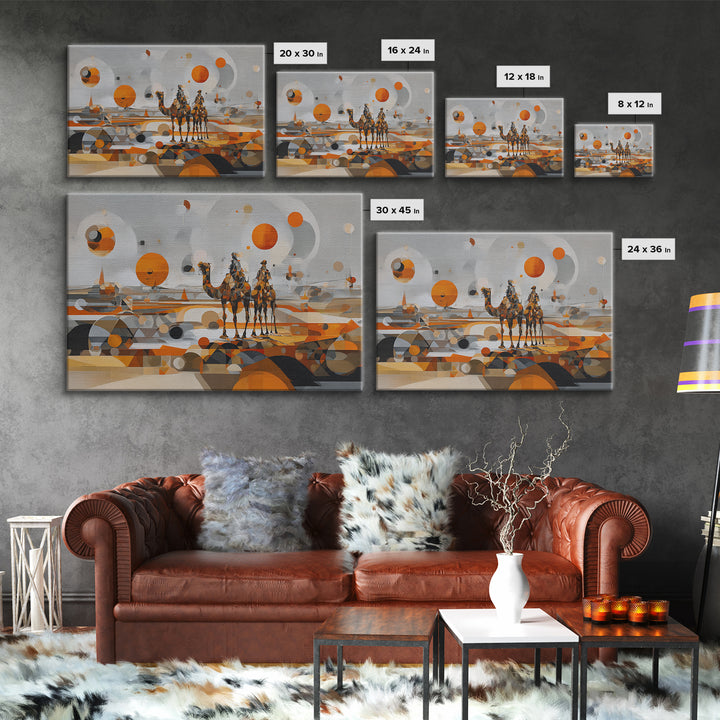 Abstract Geometric Camel Caravan In Orange Desert Wall Art, Modern African Art, Boho Living Room Decor, Canvas Print Gift