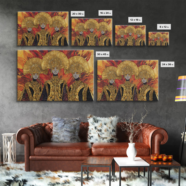 Three Golden African Queens With Leaf Crowns Wall Art, Black Woman Art, Afrocentric Decor, Luxury Framed Canvas Print Gift