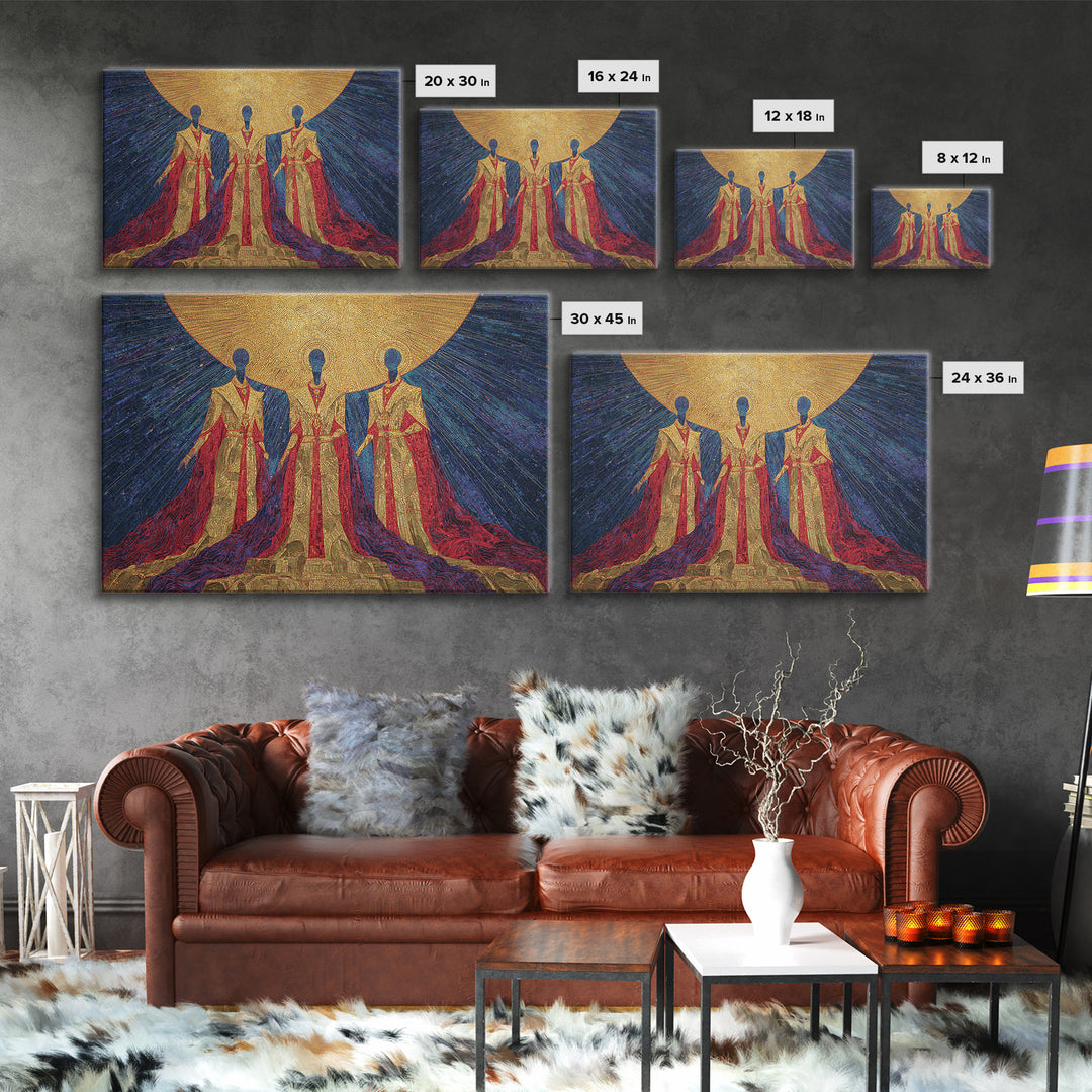 Celestial African Trinity Under Golden Sun Wall Art, Spiritual Afrocentric Art, Black Goddess Decor, Framed Canvas Print