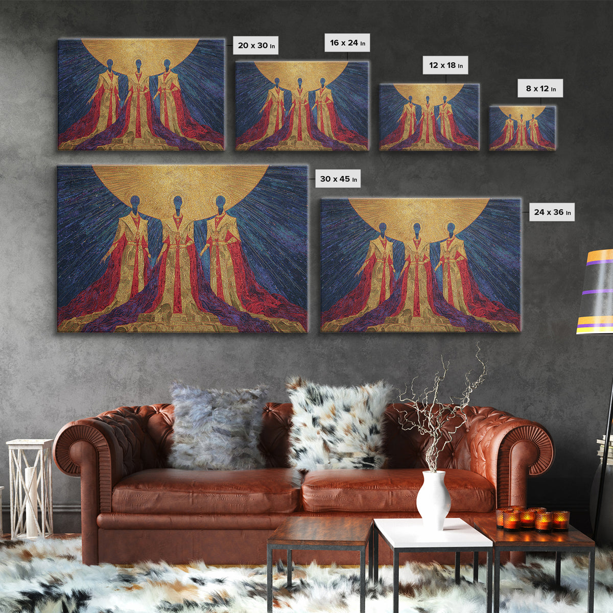 Celestial African Trinity Under Golden Sun Wall Art, Spiritual Afrocentric Art, Black Goddess Decor, Framed Canvas Print