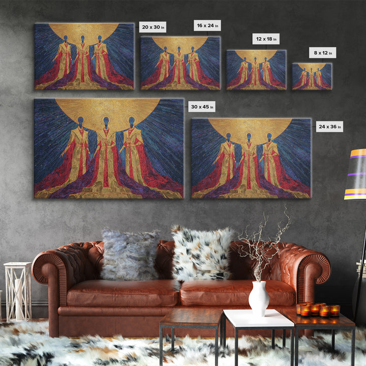 Celestial African Trinity Under Golden Sun Wall Art, Spiritual Afrocentric Art, Black Goddess Decor, Framed Canvas Print