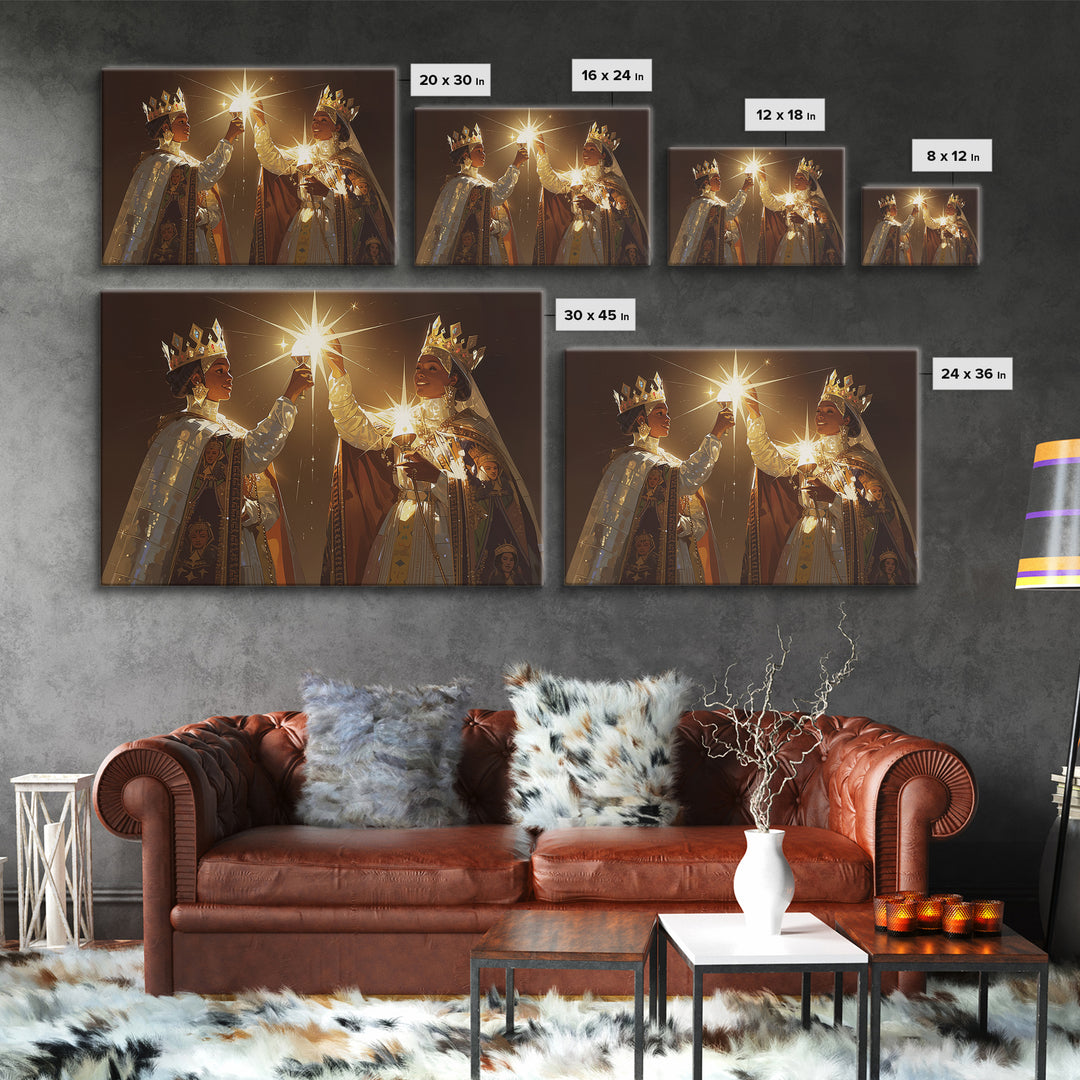 Two Crowned African Queens Toasting Starlight Wall Art, Black Women Art, Elegant Gold Decor, Premium Canvas Print For Her