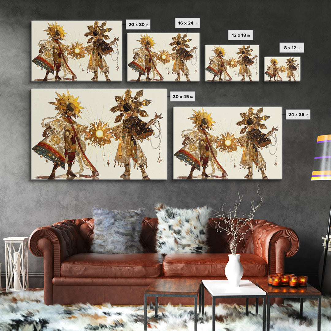 Sun And Moon African Deities In Ornate Gold Costumes Wall Art, Afrocentric Art, Spiritual Decor, Framed Canvas Print Gift