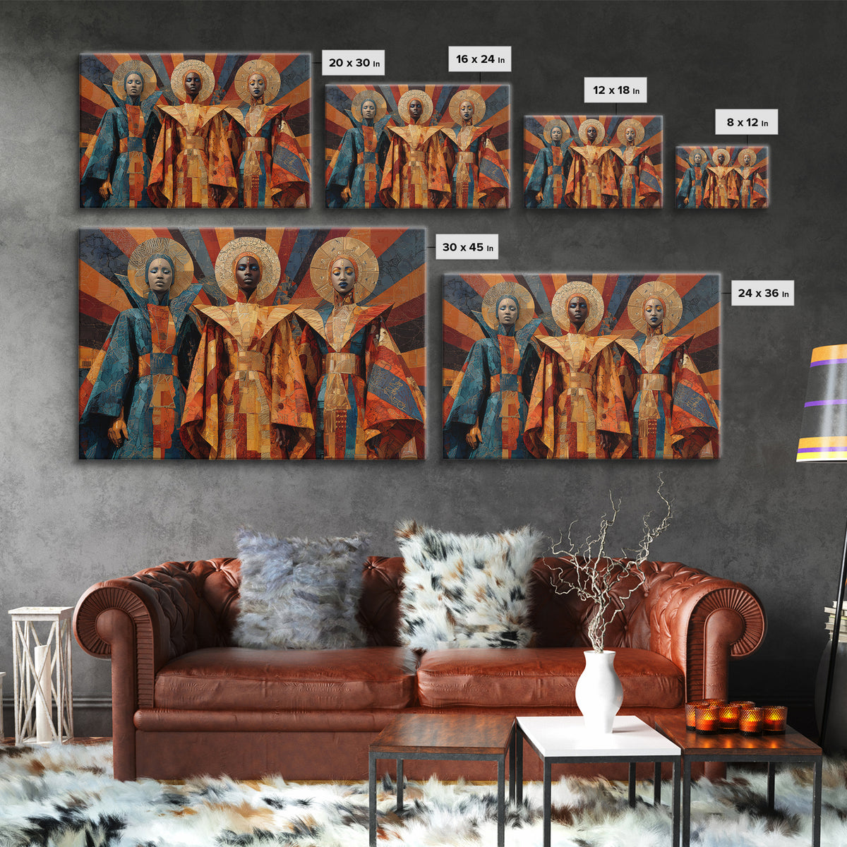 Afrofuturist African Queens In Geometric Robes Wall Art, Modern Black Art, Cultural Home Decor, Framed Canvas Print Gift