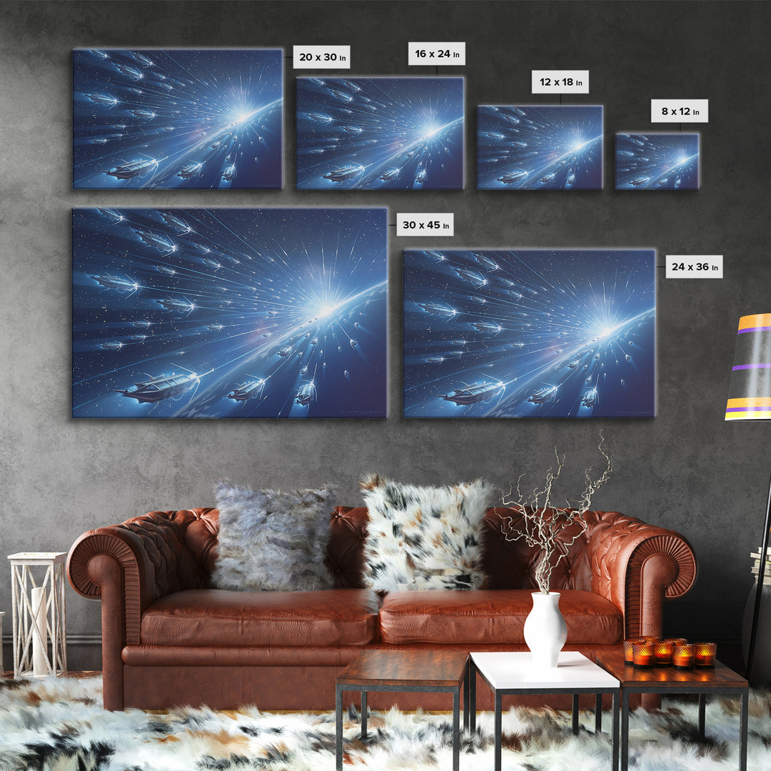 Blue Starship Fleet Racing Toward Sunrise Wall Art, Afrofuturism Decor, Sci Fi Space Art, Modern Canvas Print For Office Decor