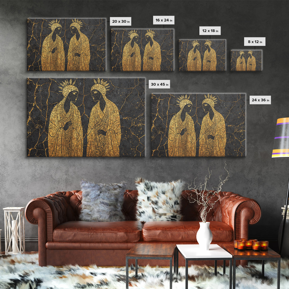 Gold Mosaic Sacred African Figures On Black Stone Wall Art, Spiritual Wall Decor, Black And Gold Art, Framed Canvas Print