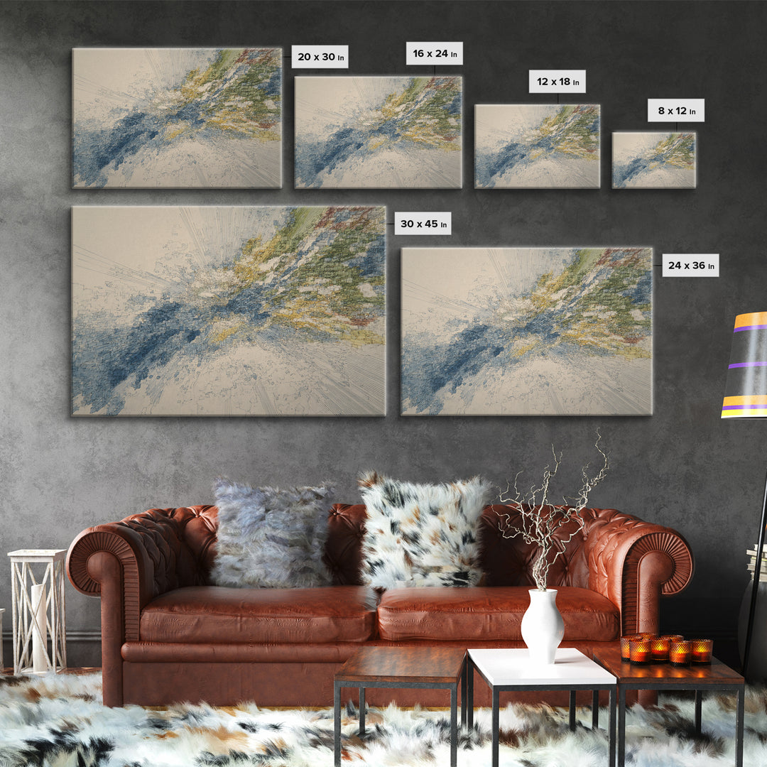 Blue Gold Abstract Data Landscape, Geometric Line Wall Art, Modern Office Decor, Contemporary Canvas Print Artwork Home Decor Gift