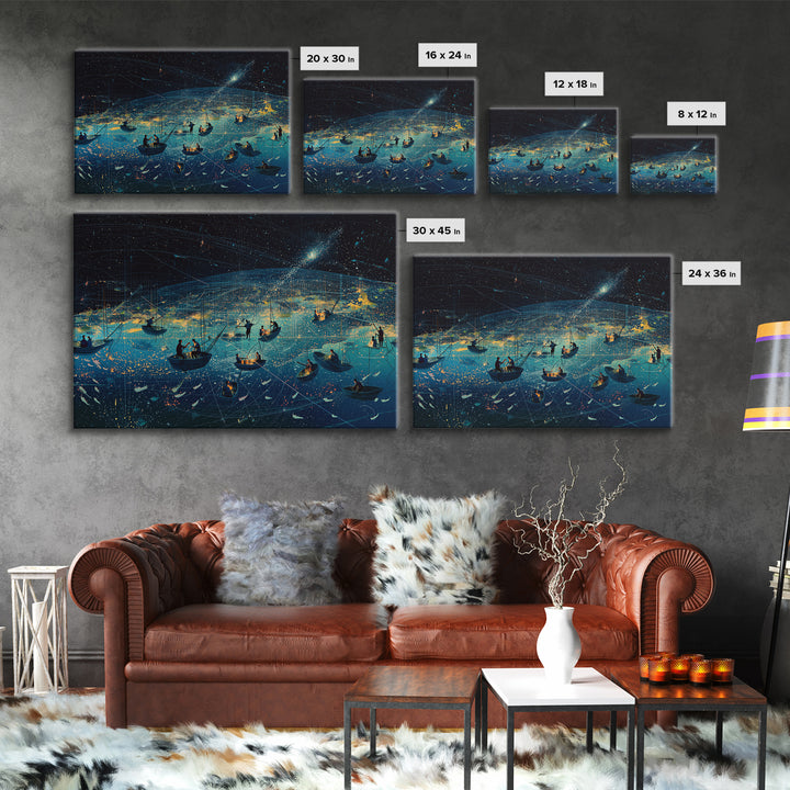 Starry Night African Fishing Boats, Dreamy Ocean Wall Art, Coastal Safari Decor, Framed Canvas Print For Living Room Gift
