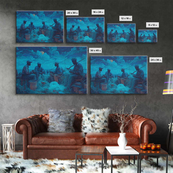 Moonlit African Fishermen Mending Nets, Blue Coastal Wall Art, Afrocentric Painting, Cultural Decor, Fishing Village Print