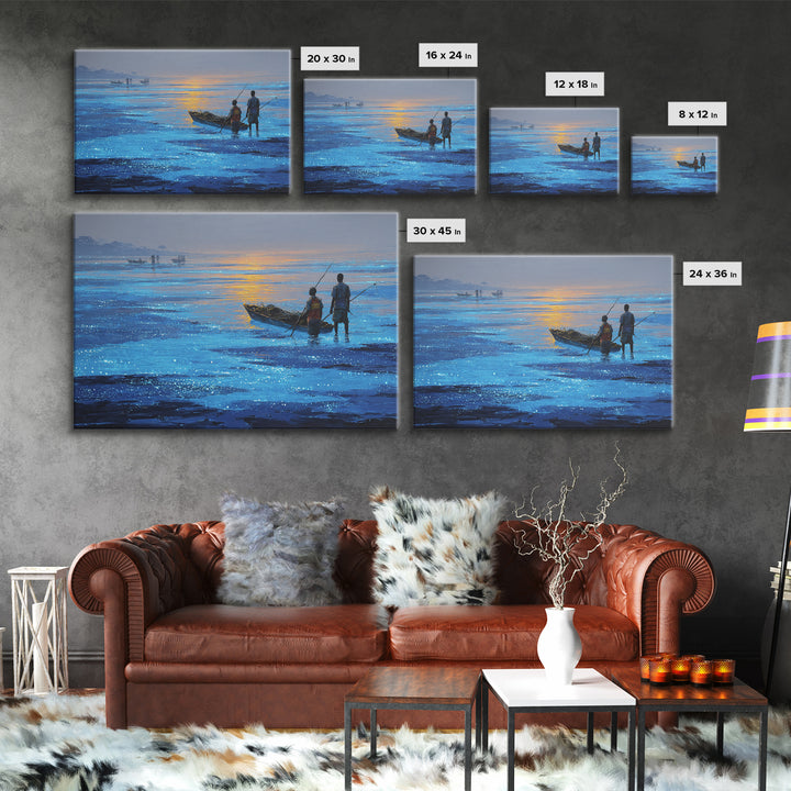 Blue Dawn Fishermen With Boat On Shimmering Water, African Wall Art, Coastal Canvas Print, Serene Living Room Decor Gift