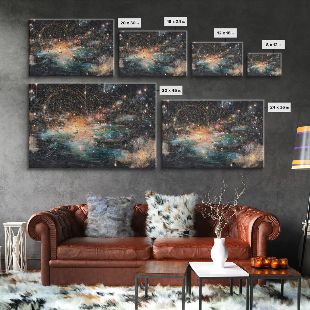 Cosmic Ocean Map With Stars And Light Trails, Abstract Wall Art, Modern Canvas Print, Mystical Office Decor, Galaxy Art Print