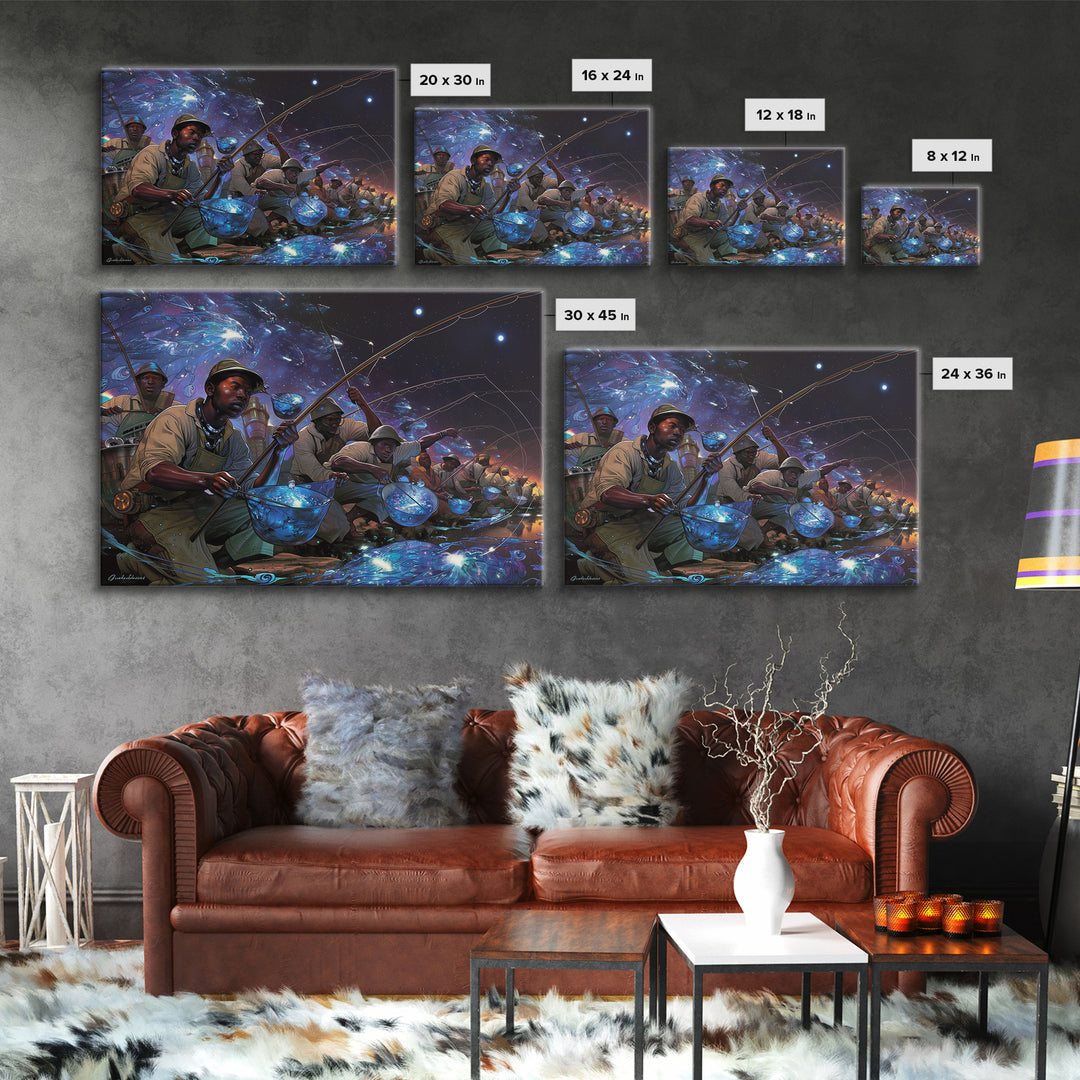 Afrofuturist Fishermen Catching Glowing Fish, Starry Night Canvas Print, African Wall Art, Bold Black Culture Decor Gift