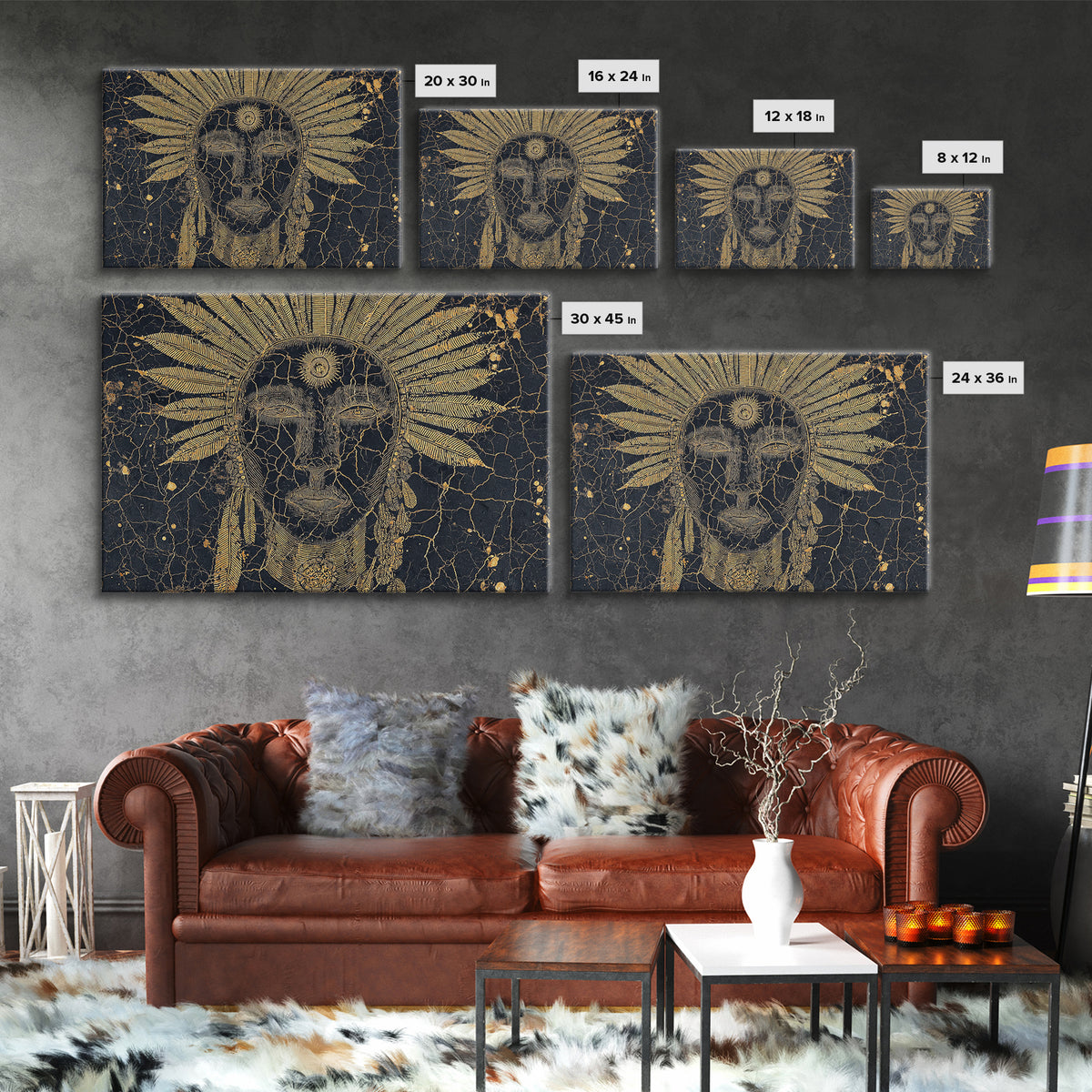 Gold Sun Headdress Tribal Face Portrait, Black And Gold Wall Art, African Mask Canvas Print, Spiritual Cultural Decor Gift