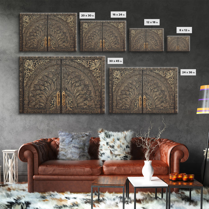 Ornate Black Gold Door Canvas Print, Moroccan Inspired Geometric Pattern Wall Art, Elegant Home Decor, Luxury Art Gift For Office