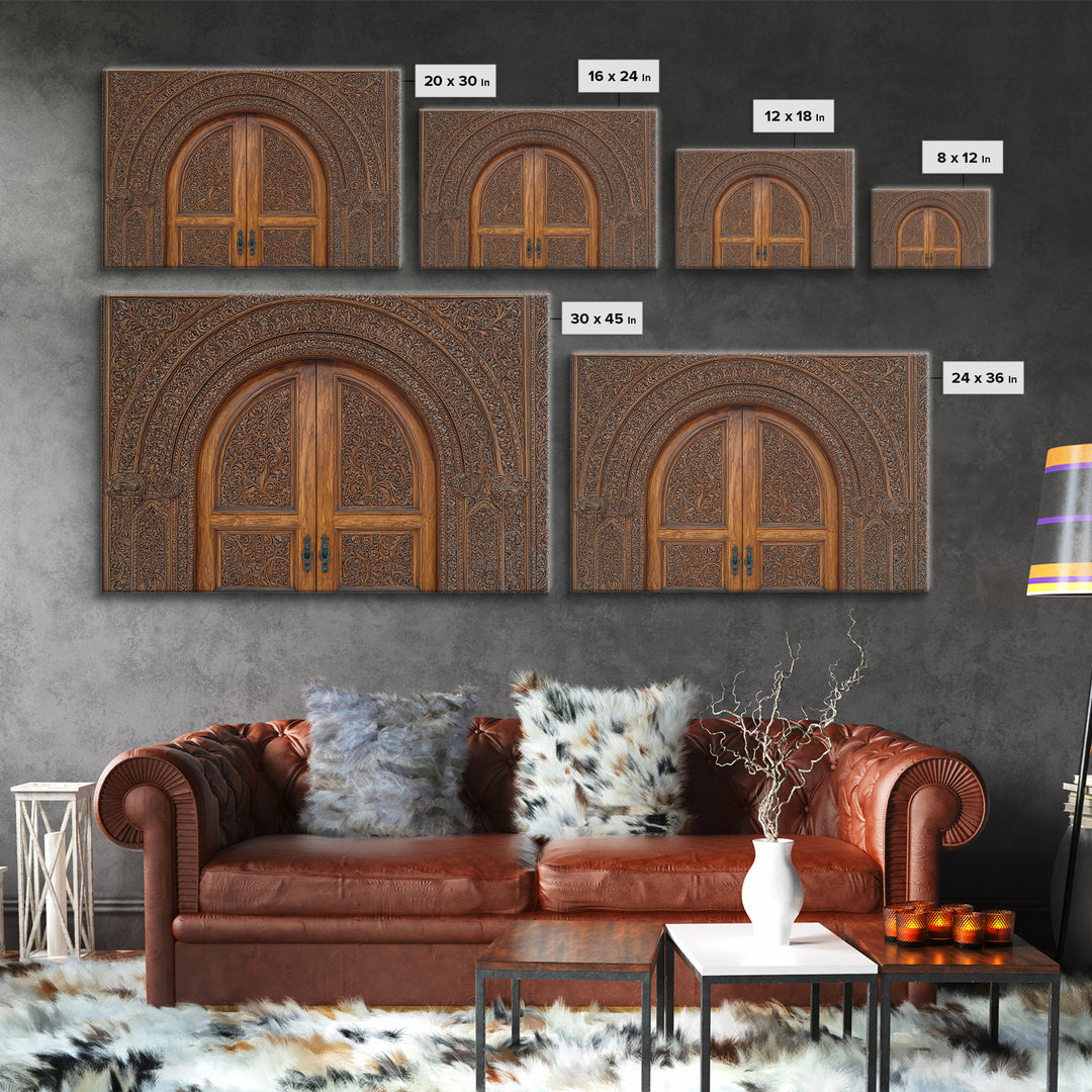 Arched Carved Wood Door Framed Canvas Print, Intricate Moroccan Pattern Wall Art, Rustic Bohemian Home Decor Gift For Living Room