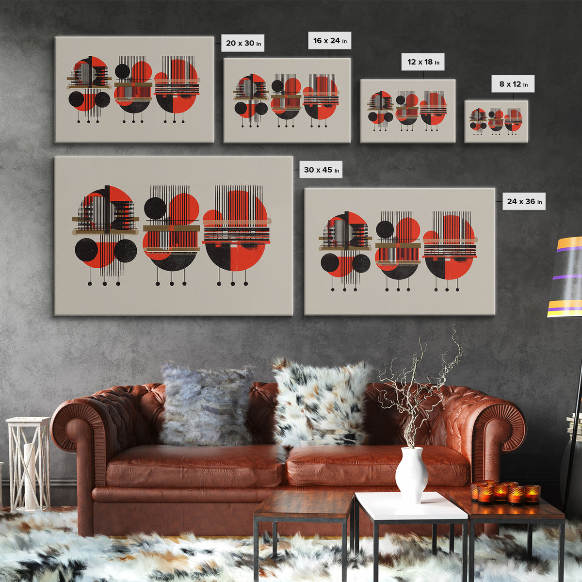 Red Black Geometric Abstract Canvas Print, Modern African Pattern Wall Art, Minimalist Mid Century Home Decor Gift For Living Room