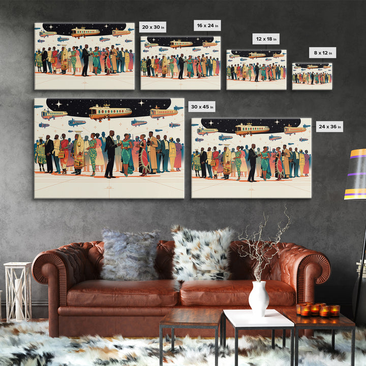 Afrofuturist Travel Crowd Wall Art, African American Art Print, Black Culture Poster, Modern Diaspora Home Decor Gift For Her
