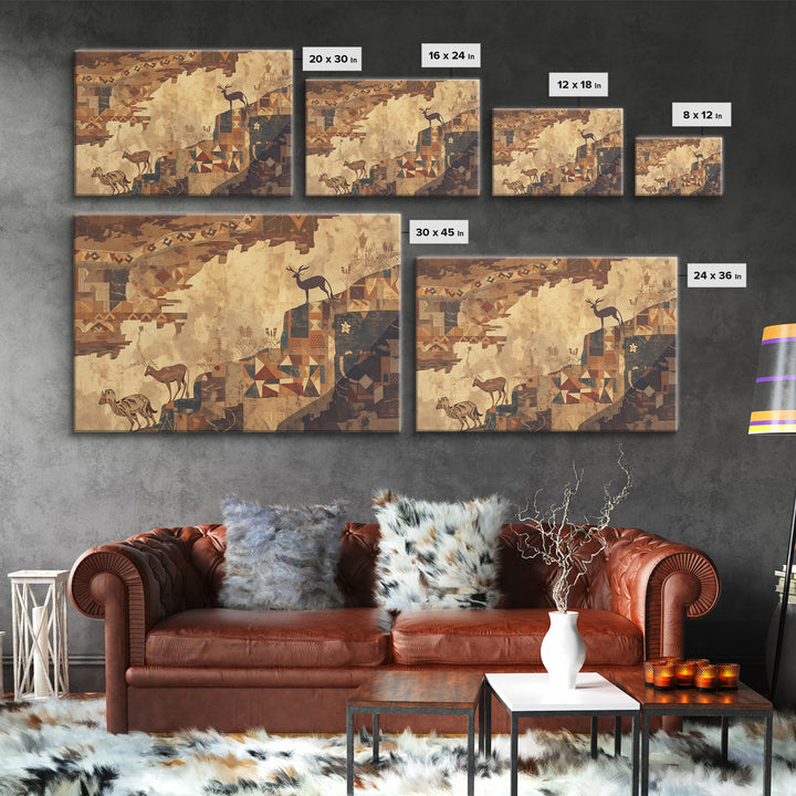 Ancient Safari Animals Wall Art, African Tribal Art Print, Geometric Landscape Poster, Earth Tone Cultural Home Decor Gift