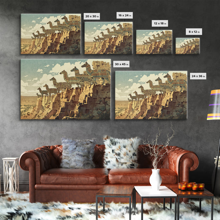 Stylized Giraffe Caravan Canvas Print, African Safari Art, Canyon Landscape Wall Decor, Boho Animal Home Decor Gift For Her