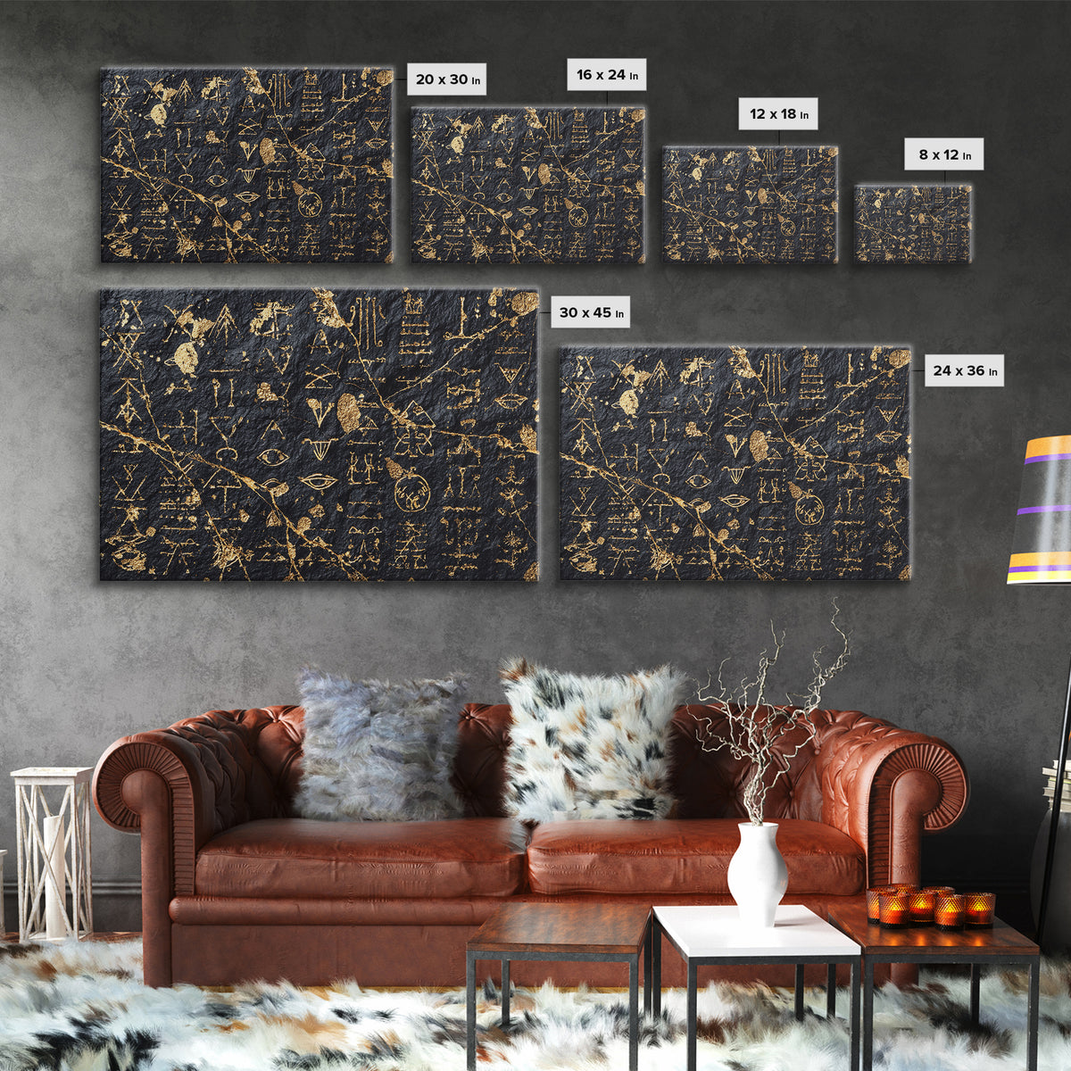 Gold Ancient Glyphs Wall Art, African Egyptian Art Print, Black Gold Canvas, Tribal Symbols Cultural Home Decor Gift Idea