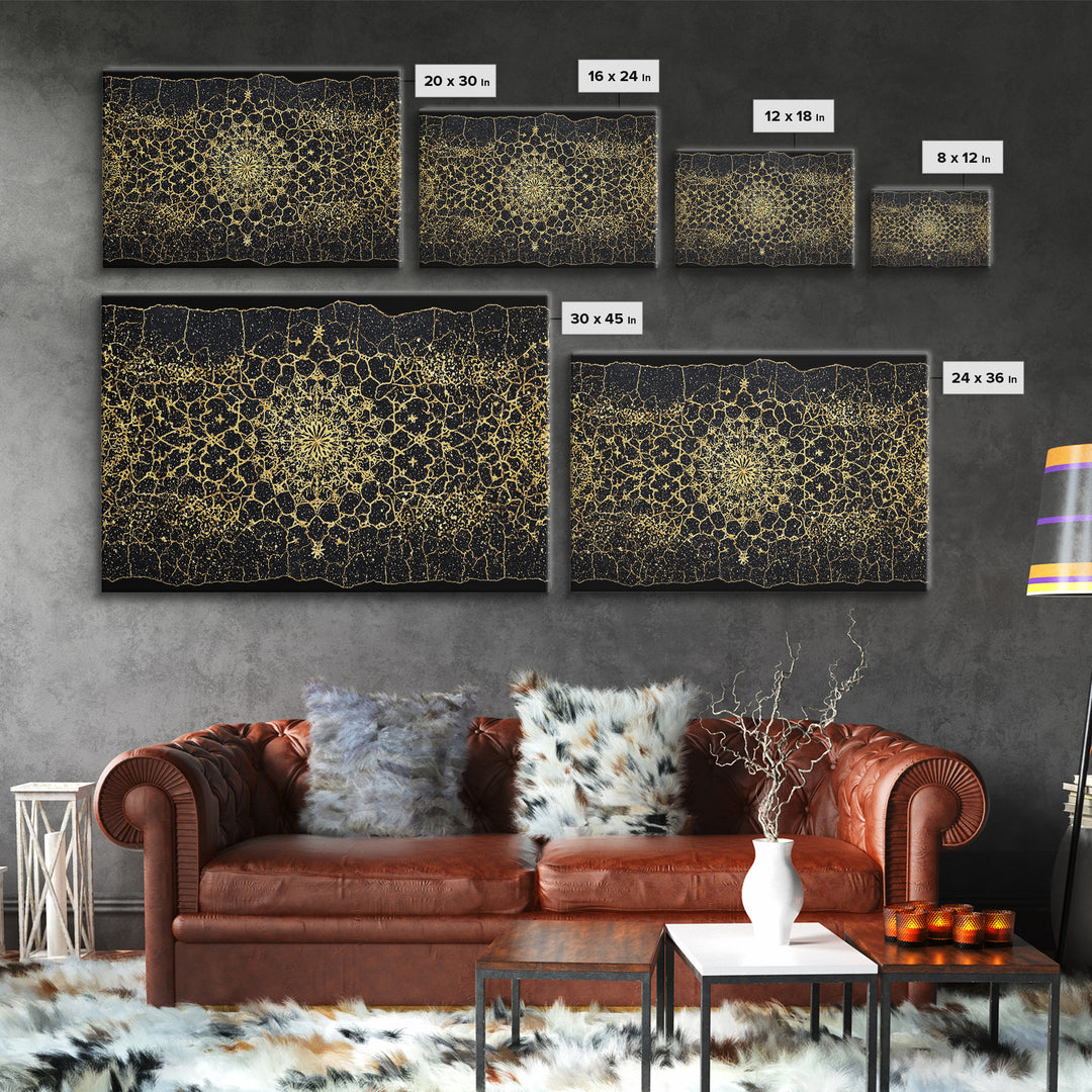 Black Gold Mandala Pattern Canvas Print, African Abstract Art, Luxury Geometric Wall Decor, Boho Home Decor Gift For Her