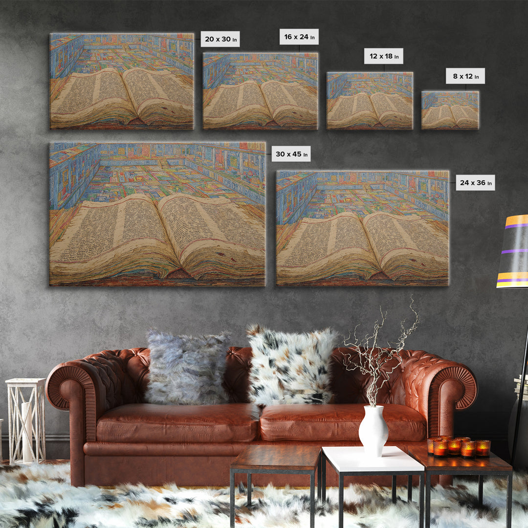 Ancient Open Book Library Wall Art, Scholarly Manuscript Canvas Print, Blue Office Decor, Literary Home Decor Gift For Reading Room