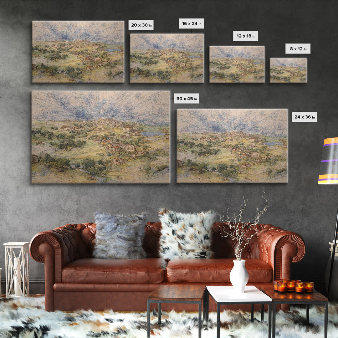 Radiant Rural Town Landscape Wall Art, Sunburst Countryside Canvas Print, African Inspired Decor, Elegant Home Decor Gift