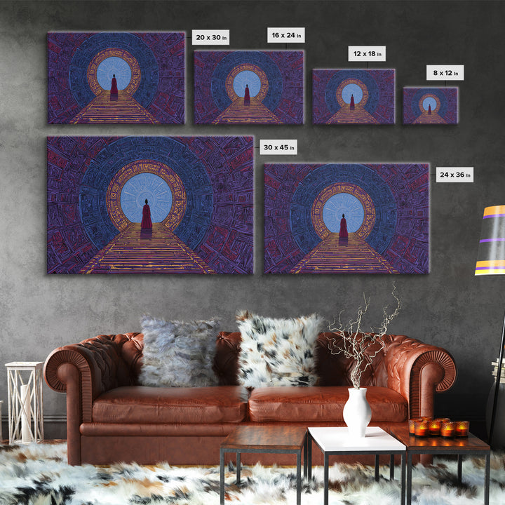 Red Robed Woman Before Blue Portal Framed Canvas Print, Mystical African Art, Spiritual Wall Decor For Meditation Room Gift