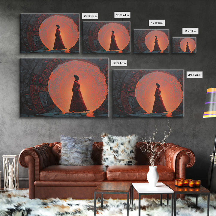 Silhouette Woman At Orange Ancient Portal Wall Art, Afrofuturism Canvas Print, Spiritual African Decor For Home Or Office