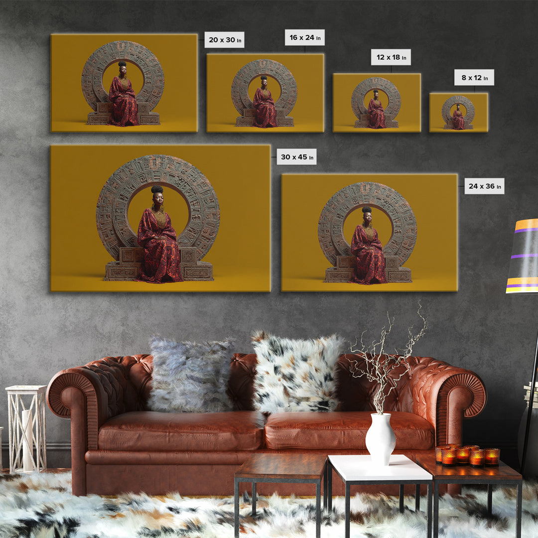 Seated African Queen In Red Robe Canvas Print, Regal Portrait Wall Art, Cultural Home Decor, Black Goddess Gift For Living Room