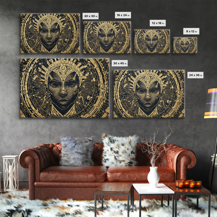 Gold Black Tribal Mask Face Wall Art, African Abstract Portrait Canvas Print, Spiritual Statement Decor For Living Room Gift
