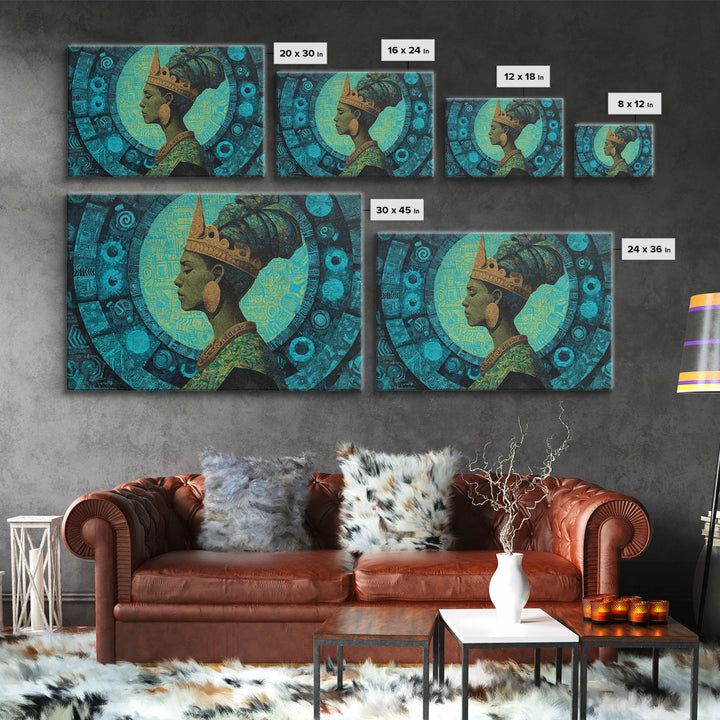 Turquoise Crowned African Queen Profile Wall Art, Afrocentric Portrait Canvas Print, Teal Cultural Decor For Home Or Office Gift