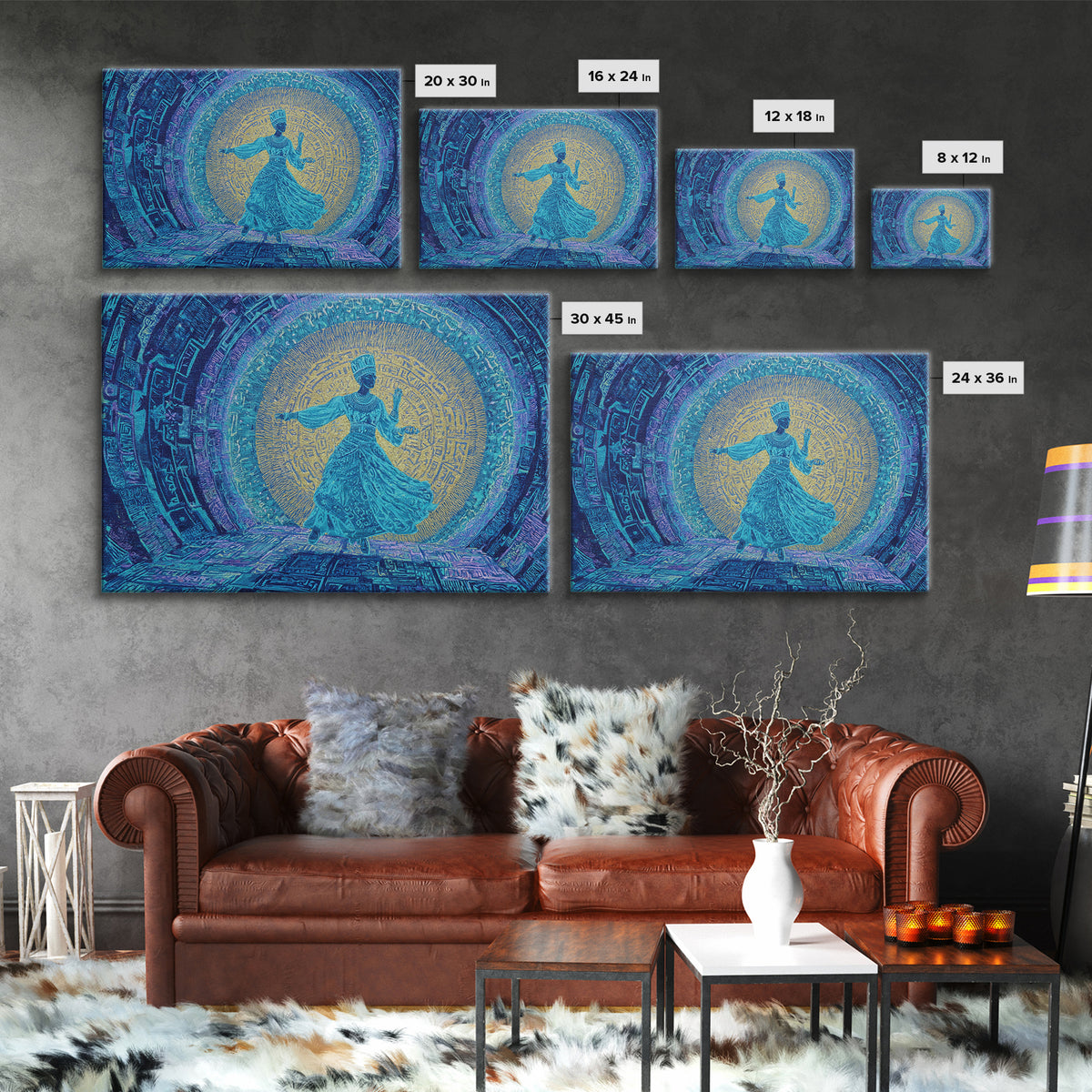 Ethereal Blue Whirling Dancer Portal Wall Art, African Inspired Spiritual Wall Decor, Teal Gold Boho Modern Canvas Print