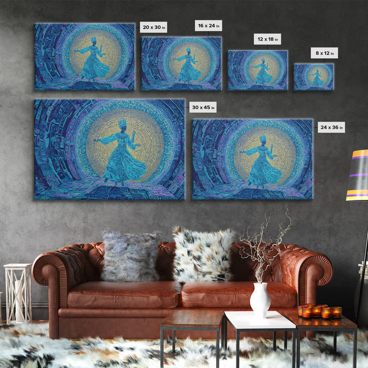Ethereal Blue Whirling Dancer Portal Wall Art, African Inspired Spiritual Wall Decor, Teal Gold Boho Modern Canvas Print
