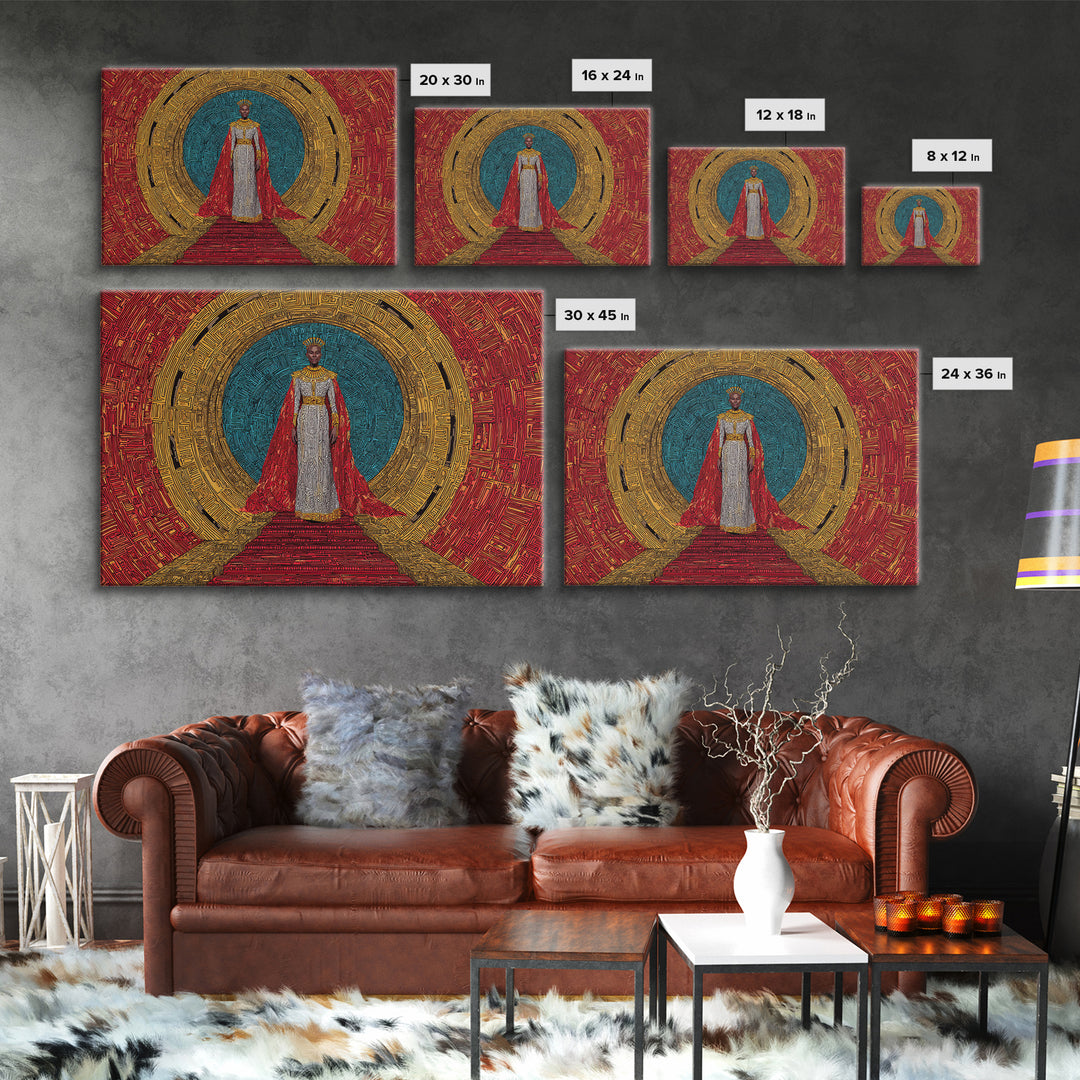 Regal African Queen In Red Cape Framed Canvas Print, Afrocentric Wall Art, Black Goddess Portrait, Luxury Home Decor Gift