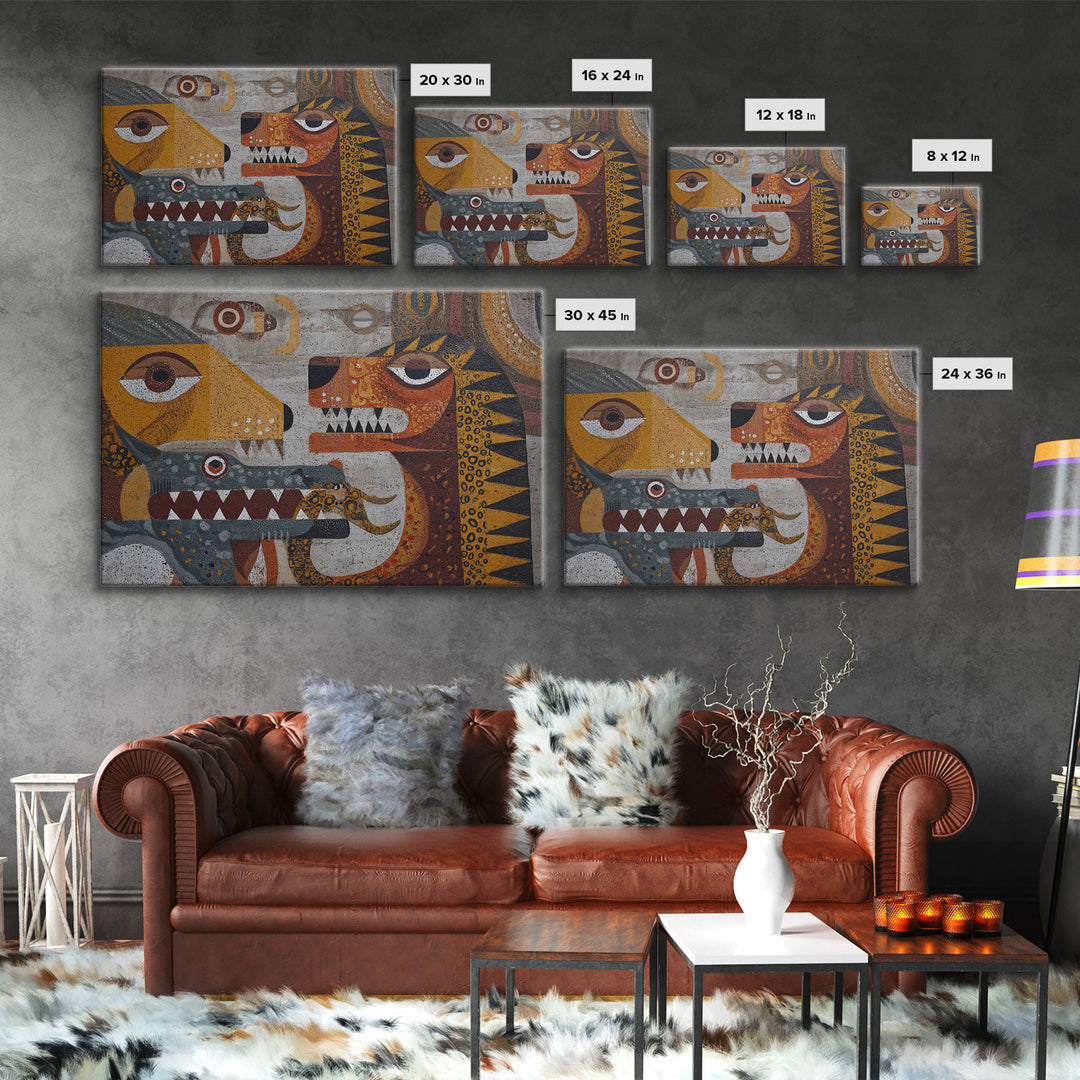 Cubist Tribal Animal Masks Wall Art, African Inspired Abstract Painting, Earth Tone Safari Decor, Modern Canvas Print Gift