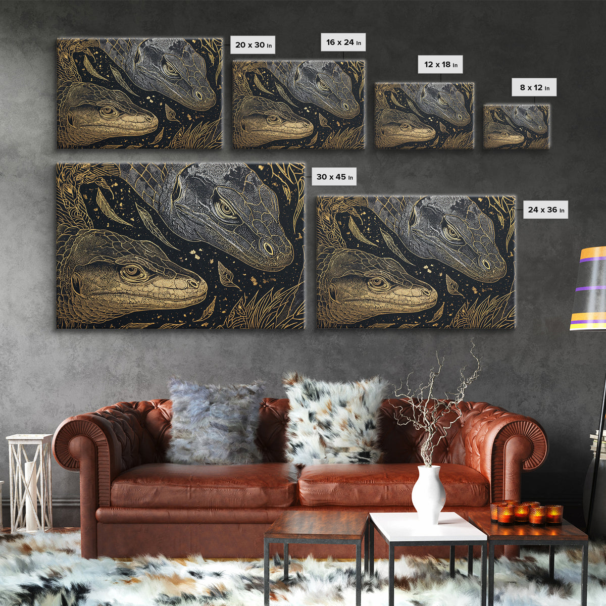 Black And Gold Lizard Pair Wall Art, African Animal Art Print, Elegant Reptile Home Decor, Luxury Canvas Print, Nature Gift