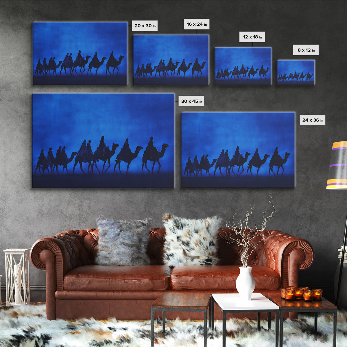 Blue Desert Camel Caravan Silhouette Wall Art, African Travel Poster, Sahara Safari Decor, Minimalist Canvas Print Gift For Him
