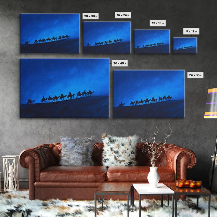 Blue Dune Camel Caravan Silhouette Framed Canvas Print, African Landscape, Sahara Travel Decor, Large Wall Art Prints For Living Room