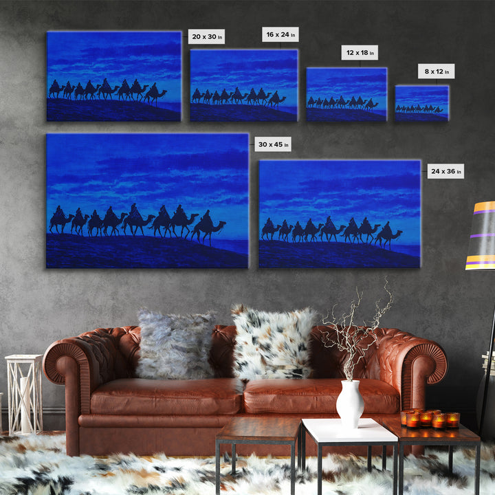 Textured Blue Camel Caravan On Ridge Wall Art, African Landscape Painting, Safari Decor, Boho Bedroom Wall Decor, Unique Home Decor