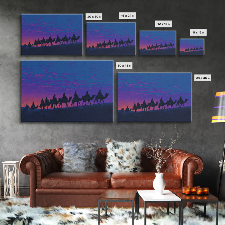 Purple Sunset Camel Caravan Silhouette Canvas Print, African Safari Art, Moroccan Travel Poster, Vibrant Wall Decor, Bedroom Wall Decor
